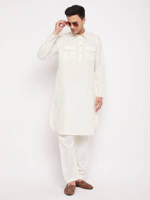 Cream Cotton Blend Pathani Kurta Set 1
