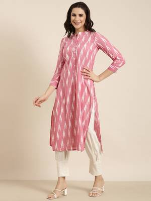 women's mandarin collar geometric ikat pink straight kurta and trouser 3