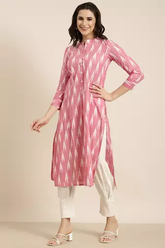 women's mandarin collar geometric ikat pink straight kurta and trouser