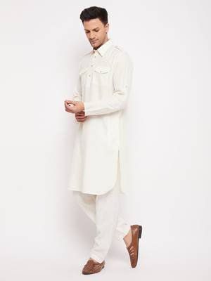 Cream Cotton Blend Pathani Kurta Set 2