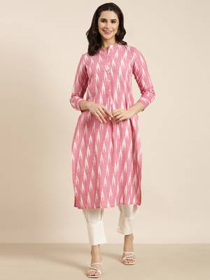 women's mandarin collar geometric ikat pink straight kurta and trouser 4