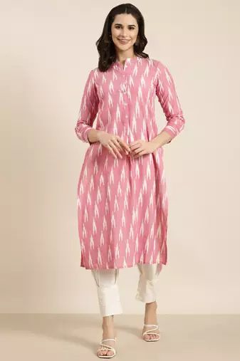 women's mandarin collar geometric ikat pink straight kurta and trouser