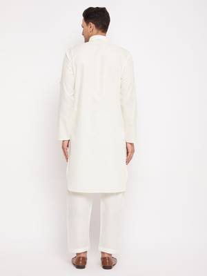 Cream Cotton Blend Pathani Kurta Set 3