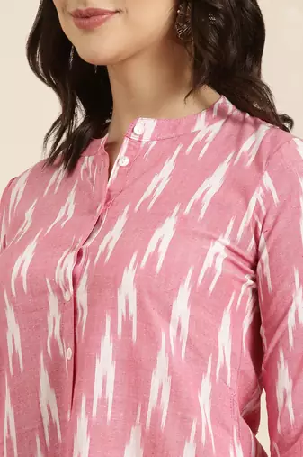 women's mandarin collar geometric ikat pink straight kurta and trouser