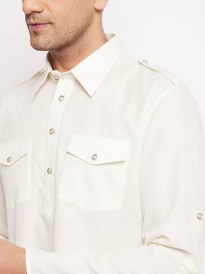 Cream Cotton Blend Pathani Kurta Set 4