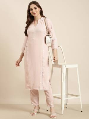 women's mandarin collar solid peach straight kurta and trouser 1