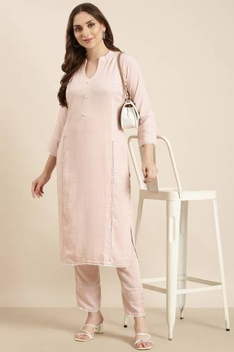 women's mandarin collar solid peach straight kurta and trouser