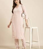 women's mandarin collar solid peach straight kurta and trouser