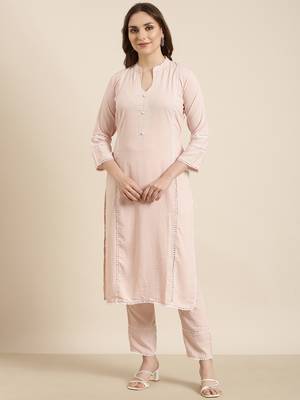 women's mandarin collar solid peach straight kurta and trouser 2