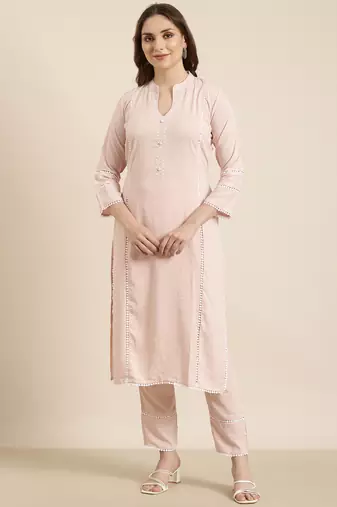 women's mandarin collar solid peach straight kurta and trouser