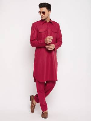 Men'S Maroon Cotton Blend Pathani Kurta Set 1