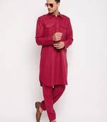 Men'S Maroon Cotton Blend Pathani Kurta Set