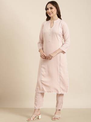 women's mandarin collar solid peach straight kurta and trouser 3