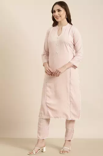 women's mandarin collar solid peach straight kurta and trouser