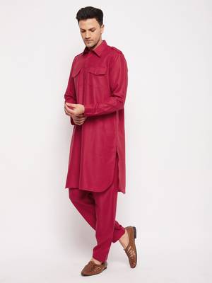 Men'S Maroon Cotton Blend Pathani Kurta Set 2