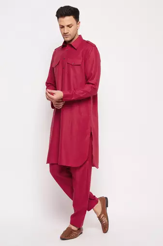 Men'S Maroon Cotton Blend Pathani Kurta Set