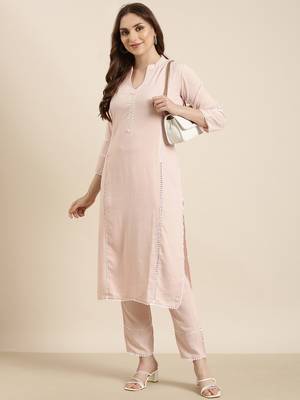 women's mandarin collar solid peach straight kurta and trouser 4