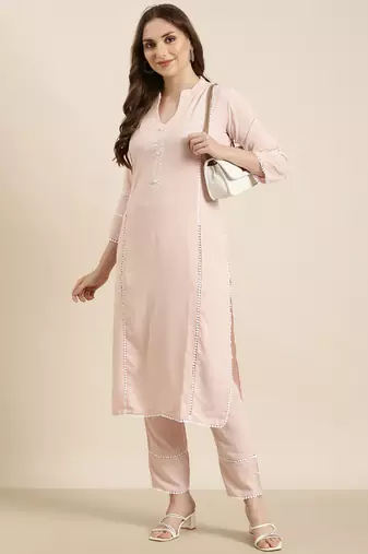 women's mandarin collar solid peach straight kurta and trouser
