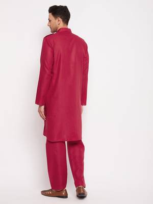 Men'S Maroon Cotton Blend Pathani Kurta Set 3