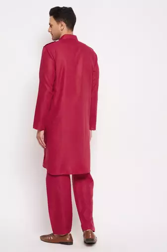 Men'S Maroon Cotton Blend Pathani Kurta Set