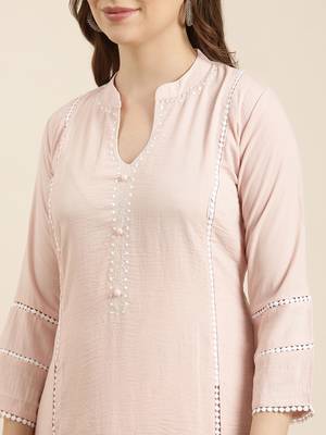 women's mandarin collar solid peach straight kurta and trouser 5