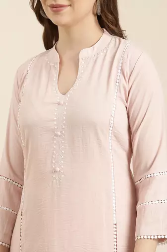 women's mandarin collar solid peach straight kurta and trouser