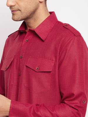 Men'S Maroon Cotton Blend Pathani Kurta Set 4