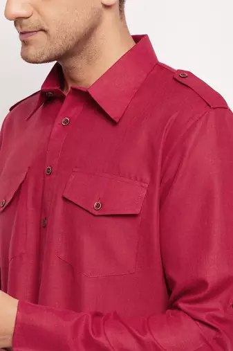 Men'S Maroon Cotton Blend Pathani Kurta Set