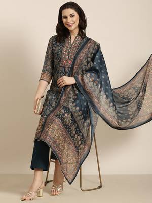 women's mandarin collar ethnic motifs teal straight kurta and trouser with dupatta 1