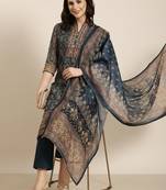 women's mandarin collar ethnic motifs teal straight kurta and trouser with dupatta