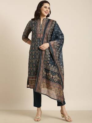 women's mandarin collar ethnic motifs teal straight kurta and trouser with dupatta 2