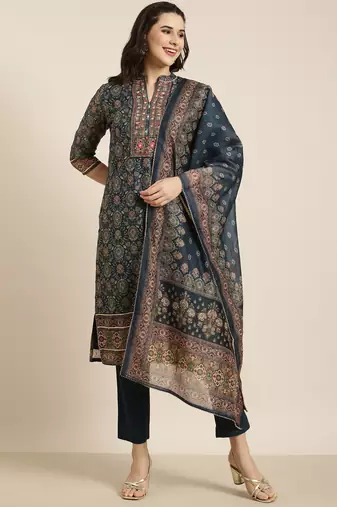 women's mandarin collar ethnic motifs teal straight kurta and trouser with dupatta