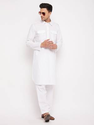 Men'S White Cotton Blend Pathani Kurta Set 1