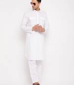 Men'S White Cotton Blend Pathani Kurta Set