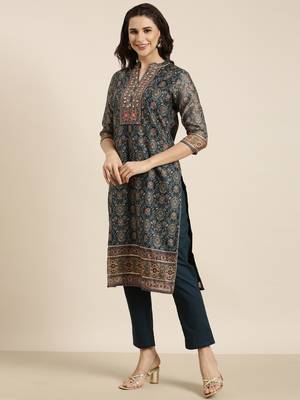 women's mandarin collar ethnic motifs teal straight kurta and trouser with dupatta 3