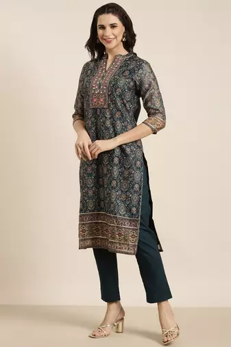 women's mandarin collar ethnic motifs teal straight kurta and trouser with dupatta