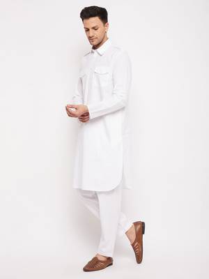 Men'S White Cotton Blend Pathani Kurta Set 2