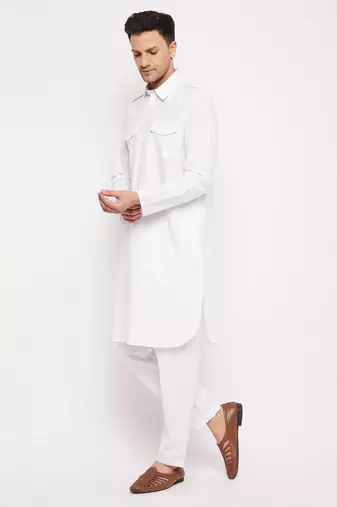 Men'S White Cotton Blend Pathani Kurta Set