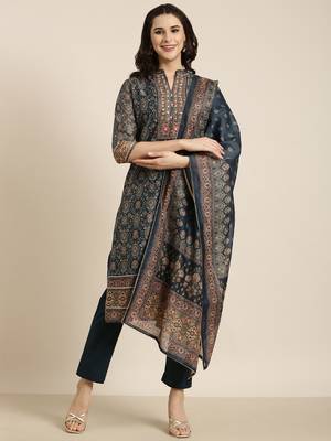 women's mandarin collar ethnic motifs teal straight kurta and trouser with dupatta 4