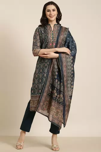 women's mandarin collar ethnic motifs teal straight kurta and trouser with dupatta
