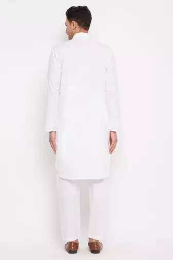 Men'S White Cotton Blend Pathani Kurta Set