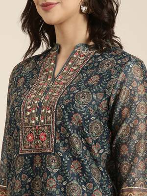 women's mandarin collar ethnic motifs teal straight kurta and trouser with dupatta 5