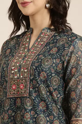 women's mandarin collar ethnic motifs teal straight kurta and trouser with dupatta