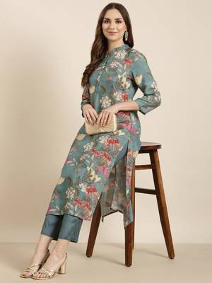 women's mandarin collar floral screen print teal straight kurta and trouser 1