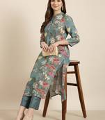 women's mandarin collar floral screen print teal straight kurta and trouser