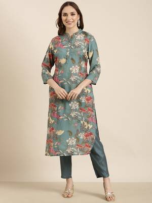 women's mandarin collar floral screen print teal straight kurta and trouser 2