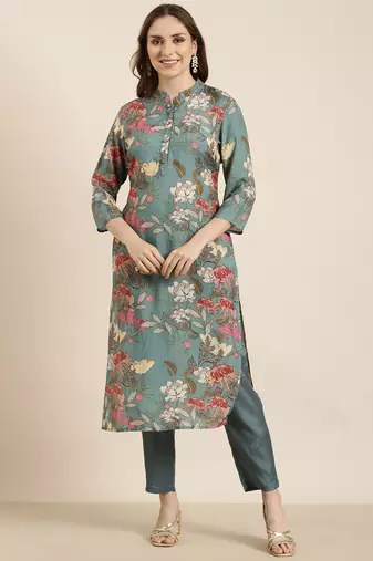 women's mandarin collar floral screen print teal straight kurta and trouser