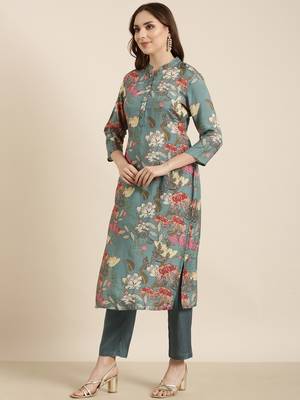 women's mandarin collar floral screen print teal straight kurta and trouser 3