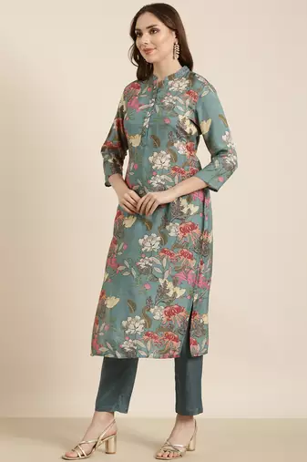 women's mandarin collar floral screen print teal straight kurta and trouser