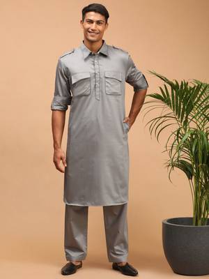 Men'S Grey Cotton Blend Pathani Kurta Set 1